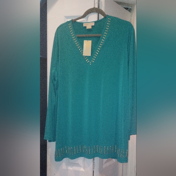 NWT Michael Kors Gold Stuffed V Neck blouse 2X Color Blue/Green - Picture 1 of 4